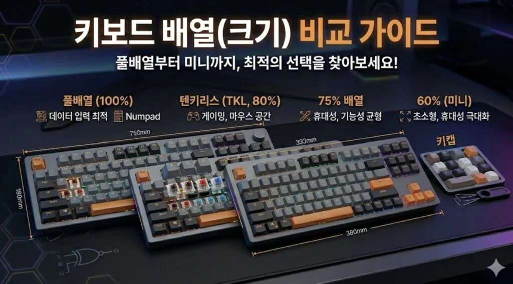 키보드 역사 - 배열 크기 비교: 풀배열 100%, 텐키리스 80%, 75%, 60% 미니