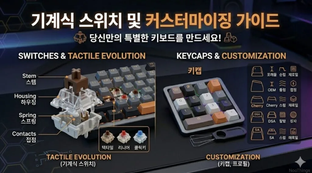 키보드 역사 - 기계식 스위치 구조(스템·하우징·스프링·접점)와 키캡 프로파일 커스터마이징