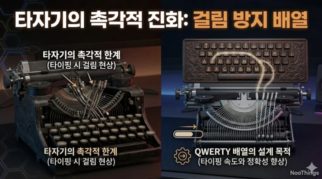 기계식 키보드 QWERTY 배열 - 타자기 타입바 걸림 현상과 걸림 방지 배열의 설계 목적