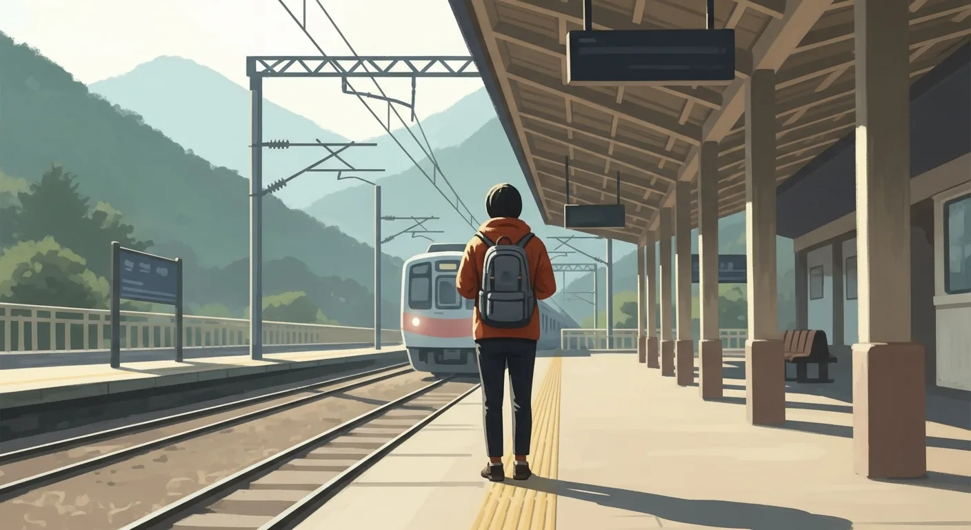 배낭을 멘 여행자가 플랫폼에서 도착하는 기차를 기다리는 일러스트