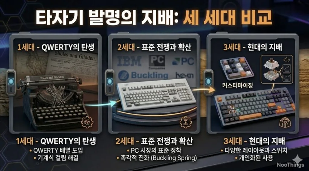 타자기 역사 3세대 비교: QWERTY 탄생, 표준 전쟁, 현대 기계식 키보드